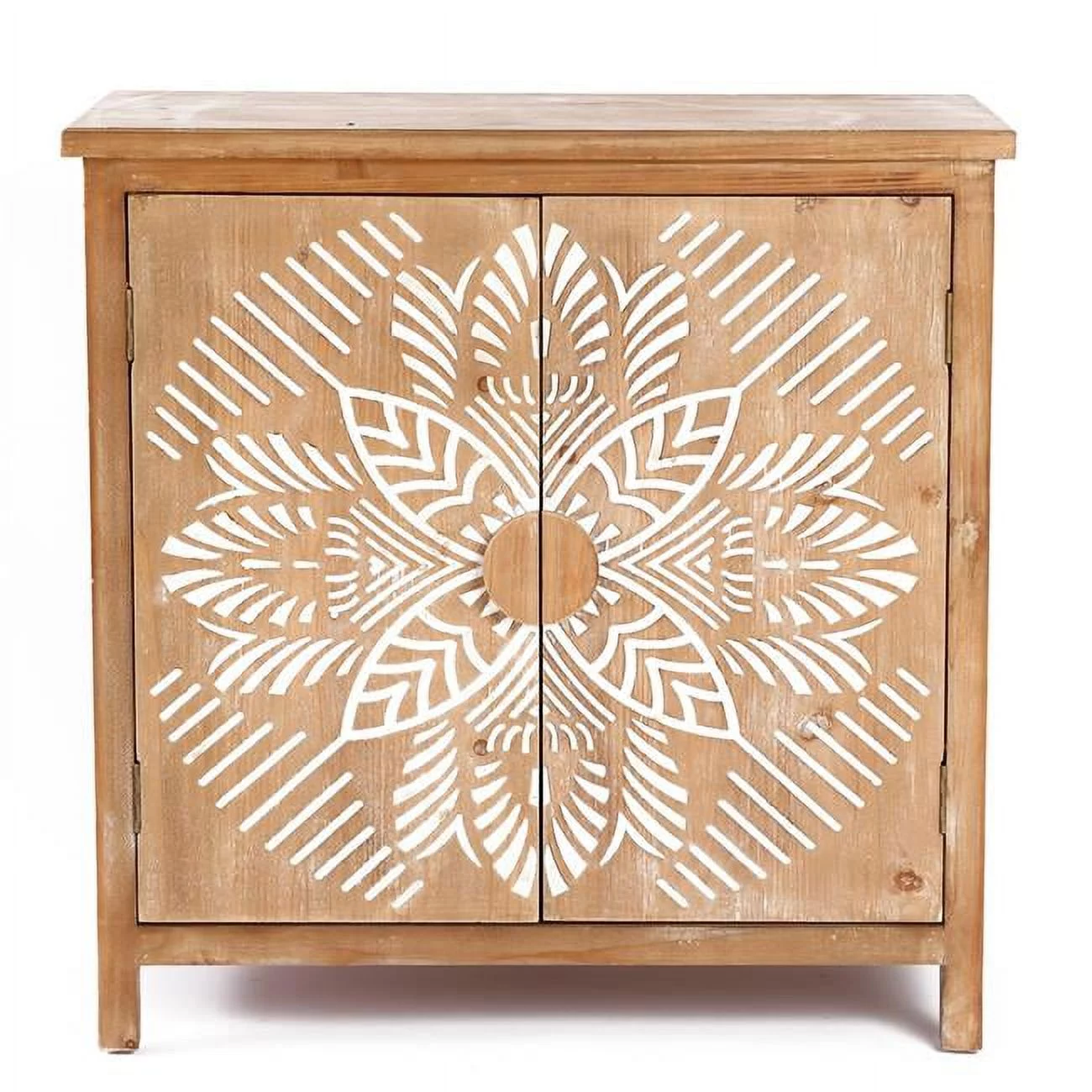 LuxenHome Natural Wood Floral 2-Door Storage Cabinet
