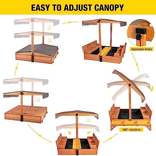 Aivituvin Kids Sand Boxes with Canopy Sandboxes with Covers Foldable Bench Seats, Children Outdoor Wooden Playset - UPGRADE Retractable Roof (47x47Inch)