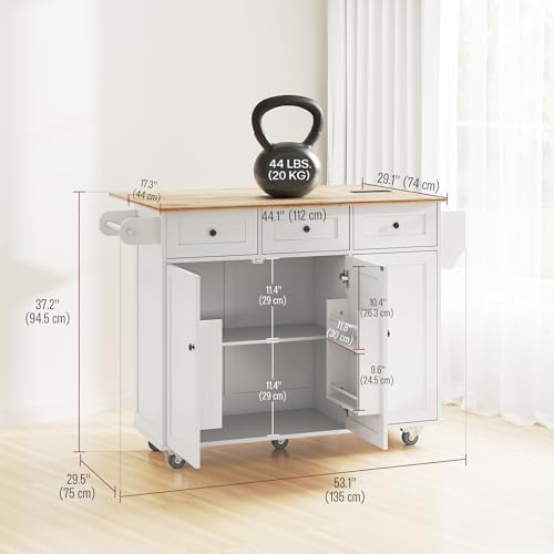 HOMCOM Rolling Kitchen Island with Power Outlet and Drop Leaf, 53" Island Table with Wood Top, 3 Drawers, Adjustable Shelf, Spice & Towel Rack, Kitchen Cart on Wheels, White