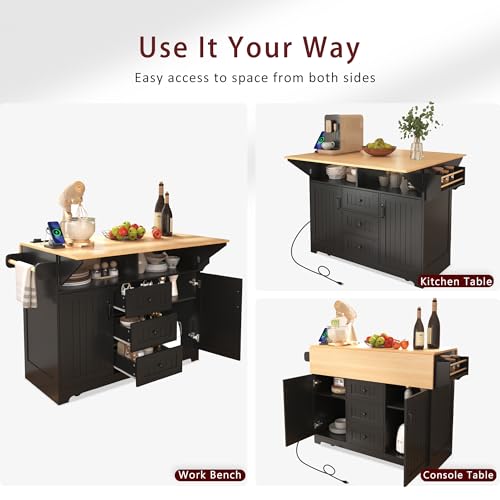 Large Kitchen Island Cart with 2 Drop Leaf, Mobile Dining Table with Storage Cabinet, Rolling Kitchen Cart with Power Outlets, 3 Drawers, Spice & Towel Rack
