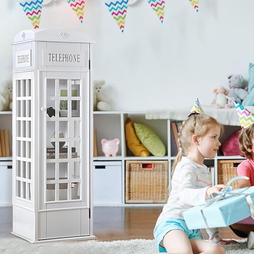 Telephone Booth 5-Tier Wooden Bookcase Freestanding CD Storage Cabinet Living Room Display Bookshelf with Front Door, 44.5" H x 14.4" W x 14.4" D (Off White)