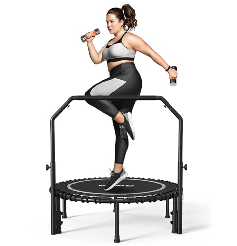 BCAN 450/550 LBS Foldable Mini Trampoline, 40"/48" Fitness Trampoline with Bungees, U Shape Adjustable Foam Handle, Stable & Quiet Exercise Rebounder for Adults Indoor/Outdoor Workout