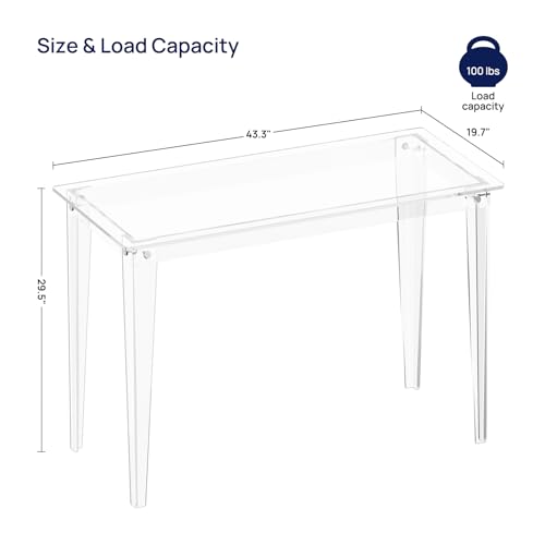 HMYHUM Acrylic Computer Desk, 43.3 Inch, Clear Study Desk for Home Office, Writing, Vanity, Modern, Easy Assembly, 19.7" W x 29.5" H, Right-Angle Legs Design