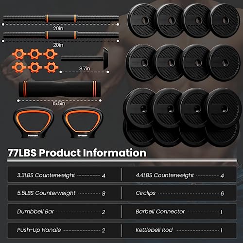 Adjustable 33/42/55/62/77 LBS Free 4 in 1 Weight Set, Dumbbell, Barbell, Kettlebell and Push-up, Home Gym Fitness Workout Equipment for Men and Women