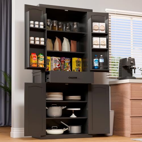 HollyHOME 72" Kitchen Pantry Cabinet, Storage Cabinet with 4 Doors and 1 Drawer, Freestanding Cupboard with Adjustable Shelves and 6 Door Shelves for Kitchen, Dining Room, Living Room, White