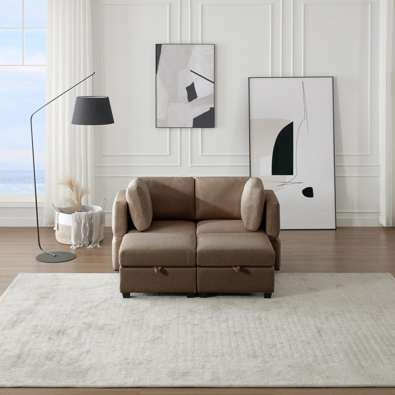 2 Seat Modular Sectional Sleeper Sofa w/ 2 Ottomans and Adjustable Arms, Couch Bed Loveseat with Chaise & Backs for Living Room Apartment Office, Brown
