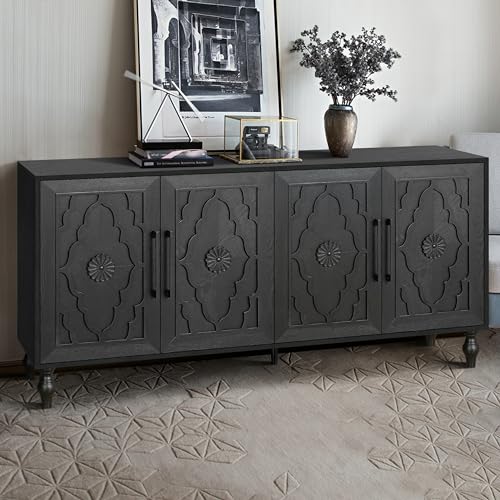 LUMISOL Sideboard Buffet Cabinet, Wooden Storage Cabinet with 4 Carved Flower Doors and Metal Handles, Retry Style Kitchen Sideboard, TV Stand Table for Living Room, Dining Room, Entryway, Natural