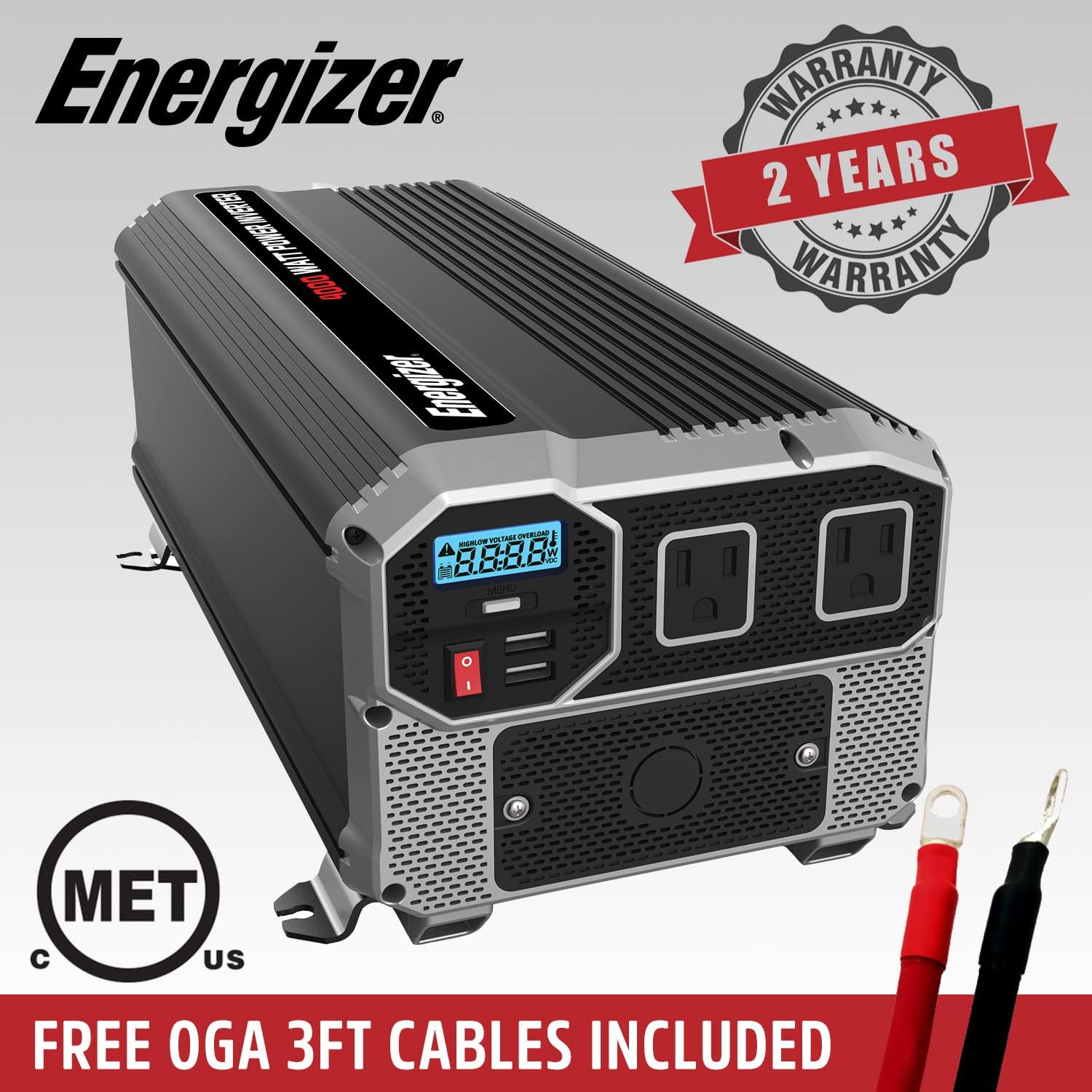 Energizer 4000 Watts Power Inverter Modified Sine Wave Car Inverter, 12V to 110 Volts, Two AC Outlets, Two USB Ports (2.4 Amp), Hardwire Kit, Battery Cables Included – ETL Approved Under UL STD 458