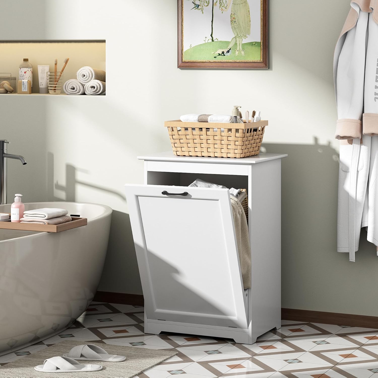 JAXPETY Tilt Out Trash Cabinet Kitchen Trash Can Holder Wood Laundry Hamper Recycling Trash Cabinet with Angle Adjustable Door, White