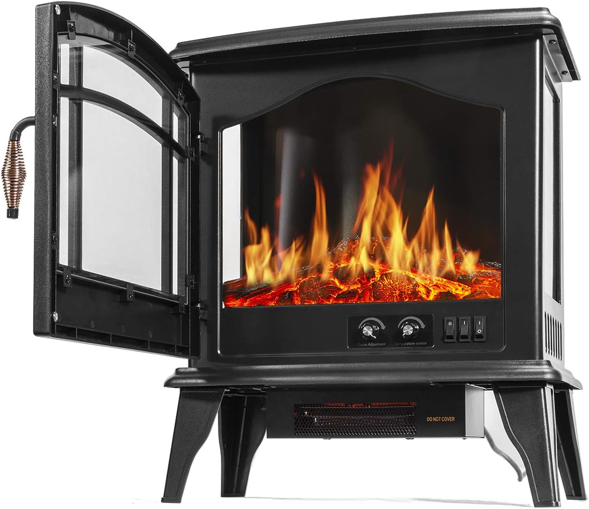 Barton 1500W Standing Vintage Electric Fireplace Stove Heater Infrared Quartz Freestanding 3D Flame Log Stove Firebox, Black