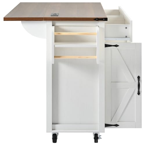 Kitchen Island with Storage, Rolling Kitchen Island Cart On Wheels with Power Outlet & Drop Leaf Countertop, Mobile Island Table for Kitchen with 2 Drawers 2 Cabinet, Spice Rack, Towel Rack, Black