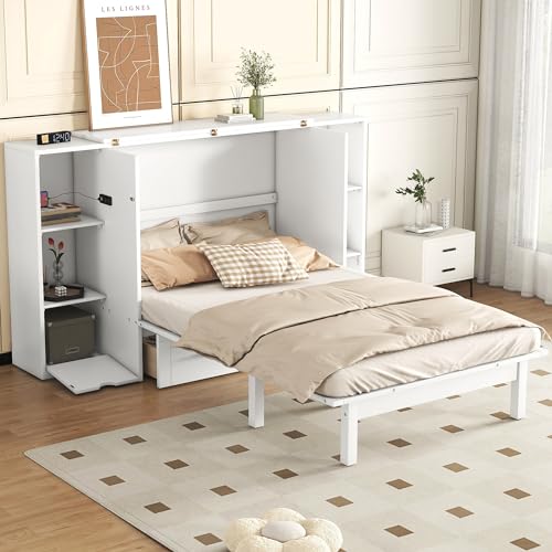 Full Size Murphy Wall Bed With Storage and Bookcase Headboard, Solid Wood Cabinets With Shelves, Drawers and USB Ports, Multi-Function Platform for Home Office, Guest Room - White
