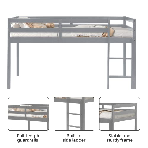 Loft Bed Twin,Loft Bed for Kids with Ladders and Guard Rails,Solid Wood and Sturdy Low Loft Bed Frame for Boys Girls and Junior,No Box Spring Needed,Easy to Assembly,Twin(Grey)