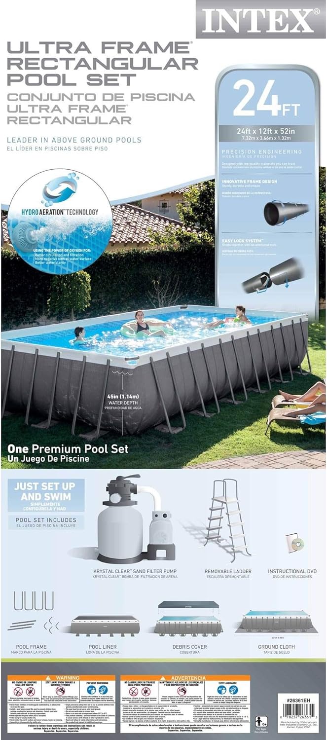 Intex 24ft X 12ft X 52in Ultra Frame Rectangular Pool Set with Sand Filter Pump, Ladder, Ground Cloth & Pool Cover