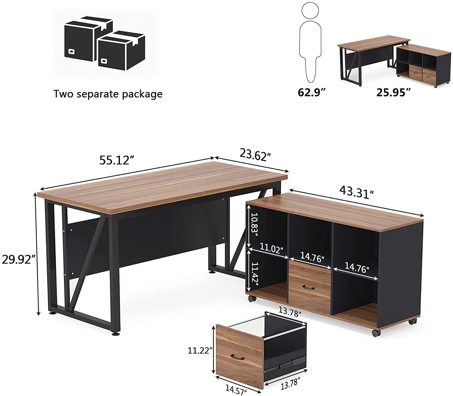 Tribesigns L-Shaped Computer Desk, 55 inches Executive Desk with 43"lateral File Cabinet, Gaming Desk Business Furniture with Drawers and Storage Shelves