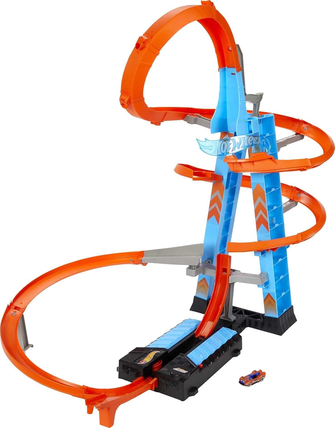 Hot Wheels Sky Crash Tower Track Set, 2.5+ ft High with Motorized Booster, Orange Track & 1 Hot Wheels Vehicle, Race Multiple Cars [Amazon Exclusive]