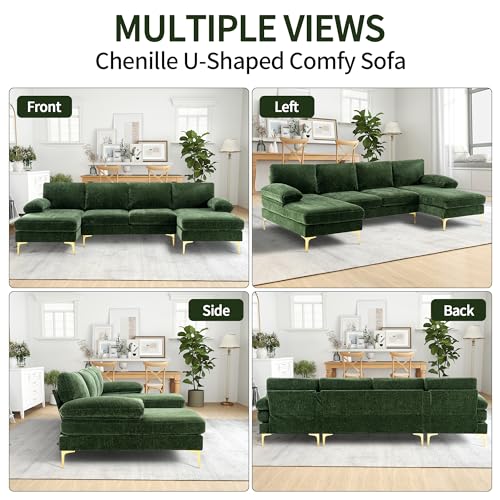 Modern U-Shaped Sectional Couch for Living Room - 110 in Chenille 4 Seater with Double Chaises and Golden Metal Legs - Ideal for Home, Office, Bedroom, Apartment, Green