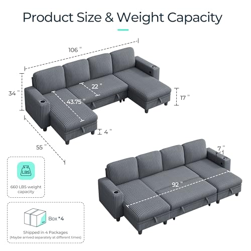 LINSY HOME Sectional Sleeper Sofa with Pull Out Couch Bed Convertible Plush Corduroy Cloud Couch with Storage Chaise & USB Charging, Comfy L Shaped Modular Couches for Living Room Apartment (Grey)