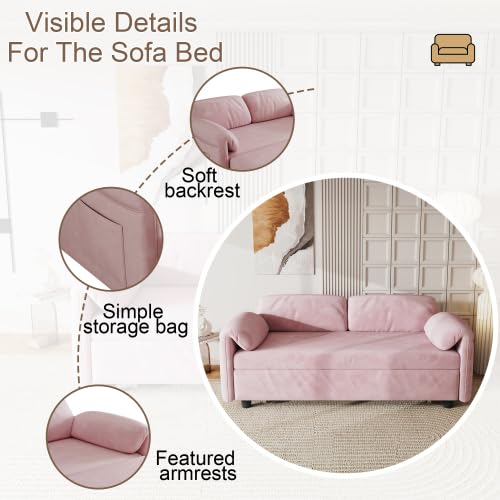 Convertible Pull Out Sofa Couch Bed with Mattress, 54'' Velvet 2-Seater Loveseat Sleeper, Futon Couches Pull Out Bed, Pop Up Daybed Sofa Bed with Storage Pockets for Living Room Small Space (Pink)