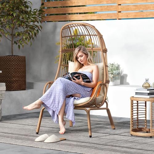 YITAHOME Outdoor Narrow Egg Chair, Patio Wicker Basket Chair with 370lbs Capacity Indoor Egg Chairs with Stand & Cushion Cocoon Chair for Bedroom, Patio, Balcony (Beige)