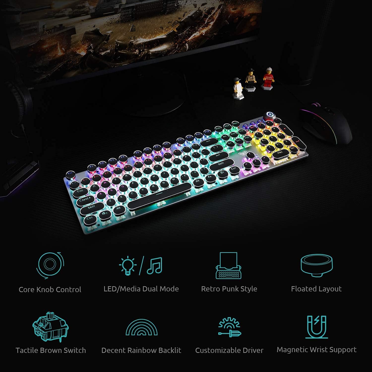 AULA F2088 Retro Mechanical Gaming Keyboard, with Removable Wrist Rest, Media Knob, RGB Rainbow Backlit, 104 Keys Round Punk Keycaps USB Wired Computer Keyboards for Windows PC Mac Gamer (Blue Switch)