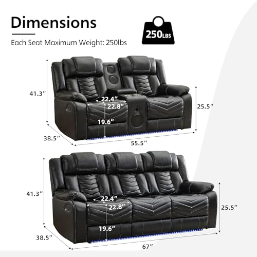 Manual Recliner Sofa Set with Wireless Charger for Living Room, Leather 3 Seater Reclining Sofa and Loveseat Seating Couch with Bass Speakers, LED Lights,Home Theater Love seat Sets with Console, Grey