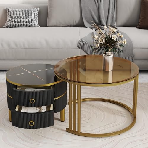 Modern Round Coffee Table, Nesting Table with Brown Tempered Glass and High Gloss Marble Tabletop, Glass Coffee Table for Living Room, Bedroom, Apartment (Golden Black)