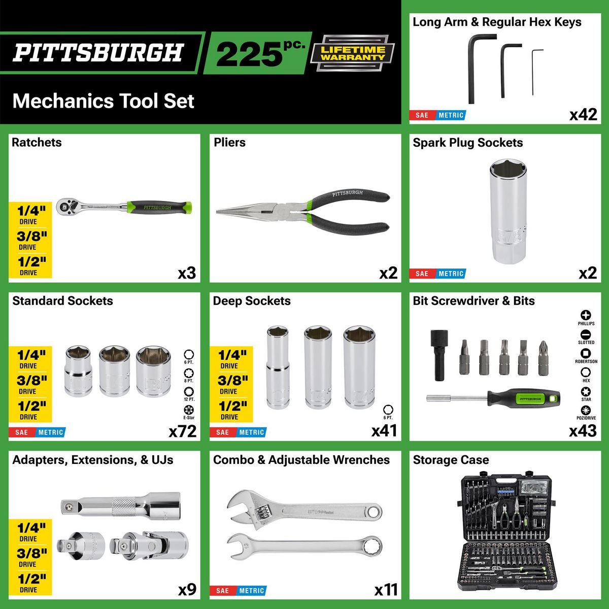 PITTSBURGH Mechanics Tool Set, 225-Piece