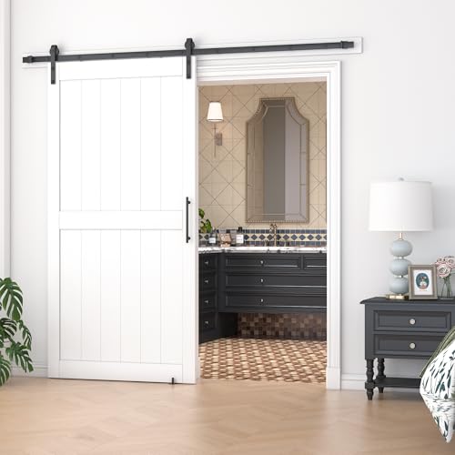 36 in x 84 in White Sliding Barn Door with 6FT Hardware Kit, Floor Guide and Handle Included, Waterproof PVC Surface, Pre-Drilled Holes Easy Assembly, H-Frame White