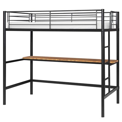 VECELO Metal Loft Bed Twin Size, Heavy Duty Bedframe with Removable Ladder and Safety Guardrail, Space-Saving, Noise Free, No Box Spring Needed, Off White