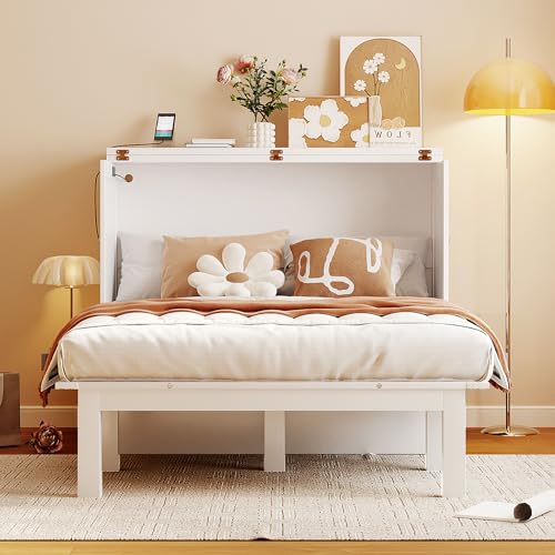Queen Size Murphy Bed with USB Port and Removable Shelves on Each Side, Solid Wood Muti-functional Cube Cabinet Bed for Home Office (Grey/W1)