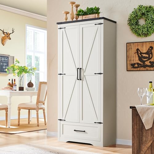 72" Tall Farmhouse Kitchen Pantry with Adjustable Shelves, Wood Rustic Storage Cabinet with Drawer & Barn Doors, Versatile Storage for Dining Room, Living Room, Bathroom, White