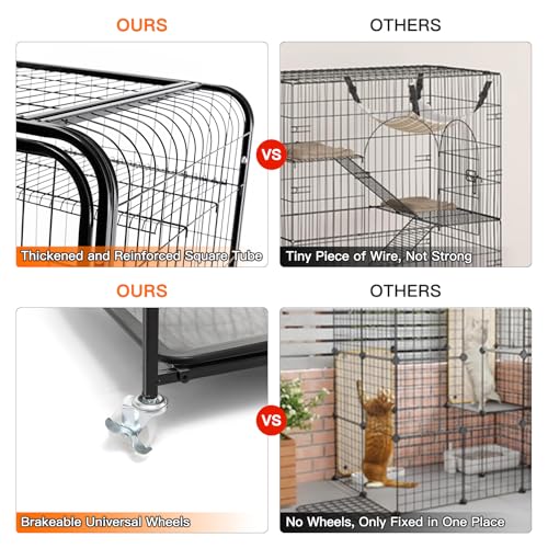 Large Cat Cage Indoor: 3-Tier Metal Cat Enclosure - Ferret Cage with Wheels