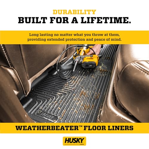 Husky Liners Weatherbeater Floor Mats | Fits 2017-2025 Ford F-250/F-350/F-450 SuperCrew Cab with Factory Carpet & with Fold Flat Storage | Front & 2nd Row, 3-pc Black - 94061