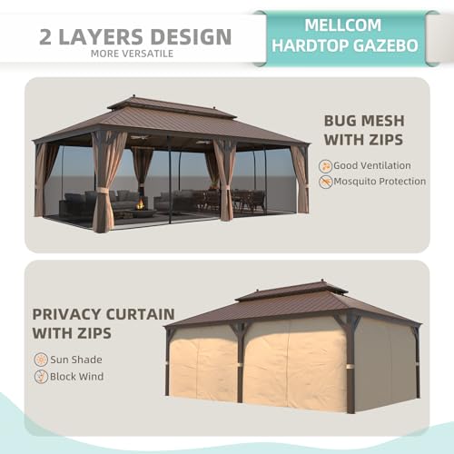 MELLCOM 12'x16' Hardtop Gazebo, Galvanized Steel Metal Double Roof Canopy with Curtains and Netting, Brown Permanent Pavilion Gazebos with Aluminum Frame for Garden, Patio, Lawns, Deck