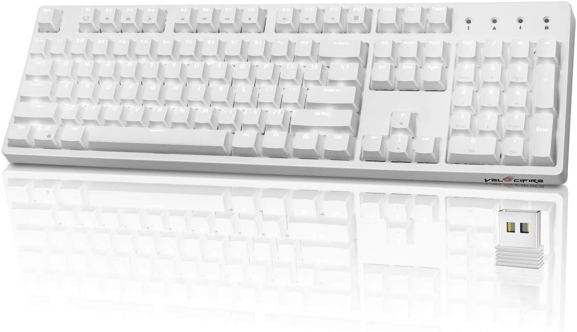 Wireless Mechanical Keyboard Ergonomic, Velocifire VM02WS 104-key Full Size with Brown Switches White Backlit & High Battery Lasting for Copywriters, Typists, Programmer(Black)