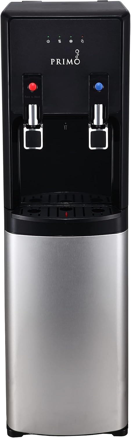 Primo Bottom-Loading Water Dispenser - 2 Temp (Hot-Cold) Water Cooler Water Dispenser for 5 Gallon Bottle w/Child-Resistant Safety Feature, Black and Stainless Steel