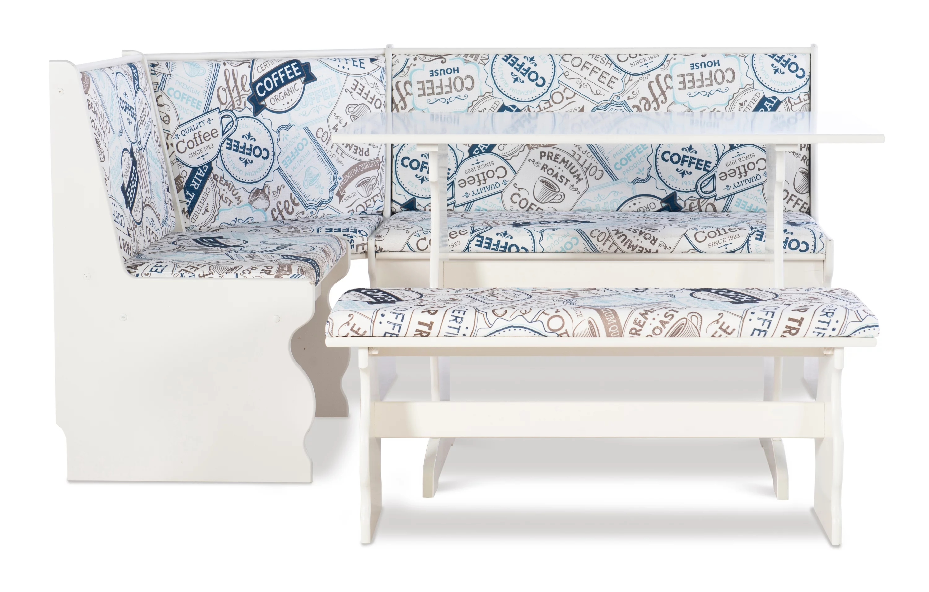 Linon Weston Corner Dining Breakfast Nook with Table and Bench, Seats 5-6, White Finish with Coffee Patterned Fabric