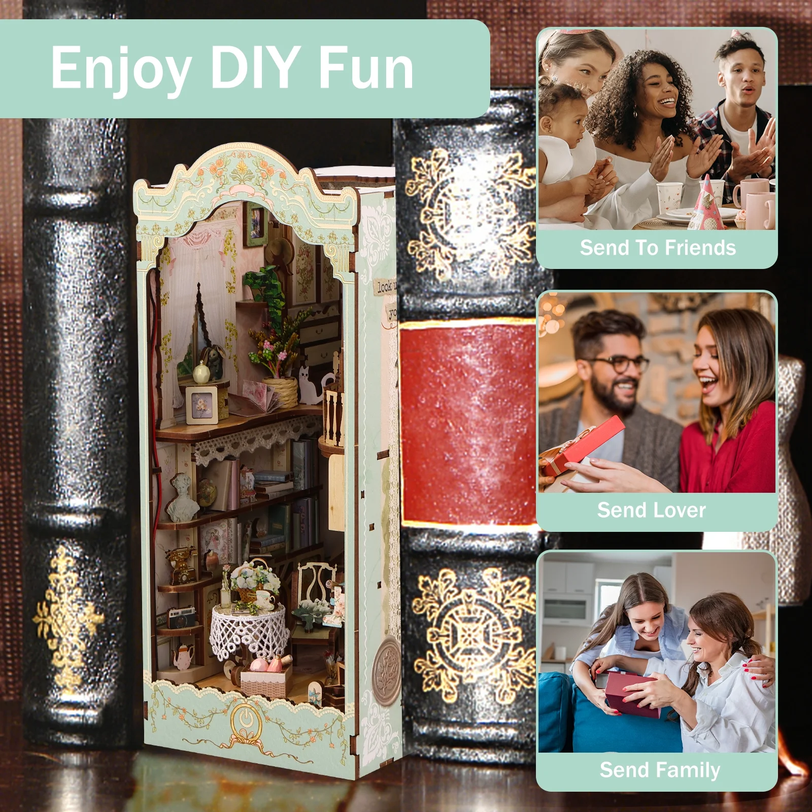 Morima DIY Book Nook Kit,3D Wooden Puzzle Bookshelf Insert Decor with LED Light,DIY Miniature Dollhouse Model Kit for Kids Adults