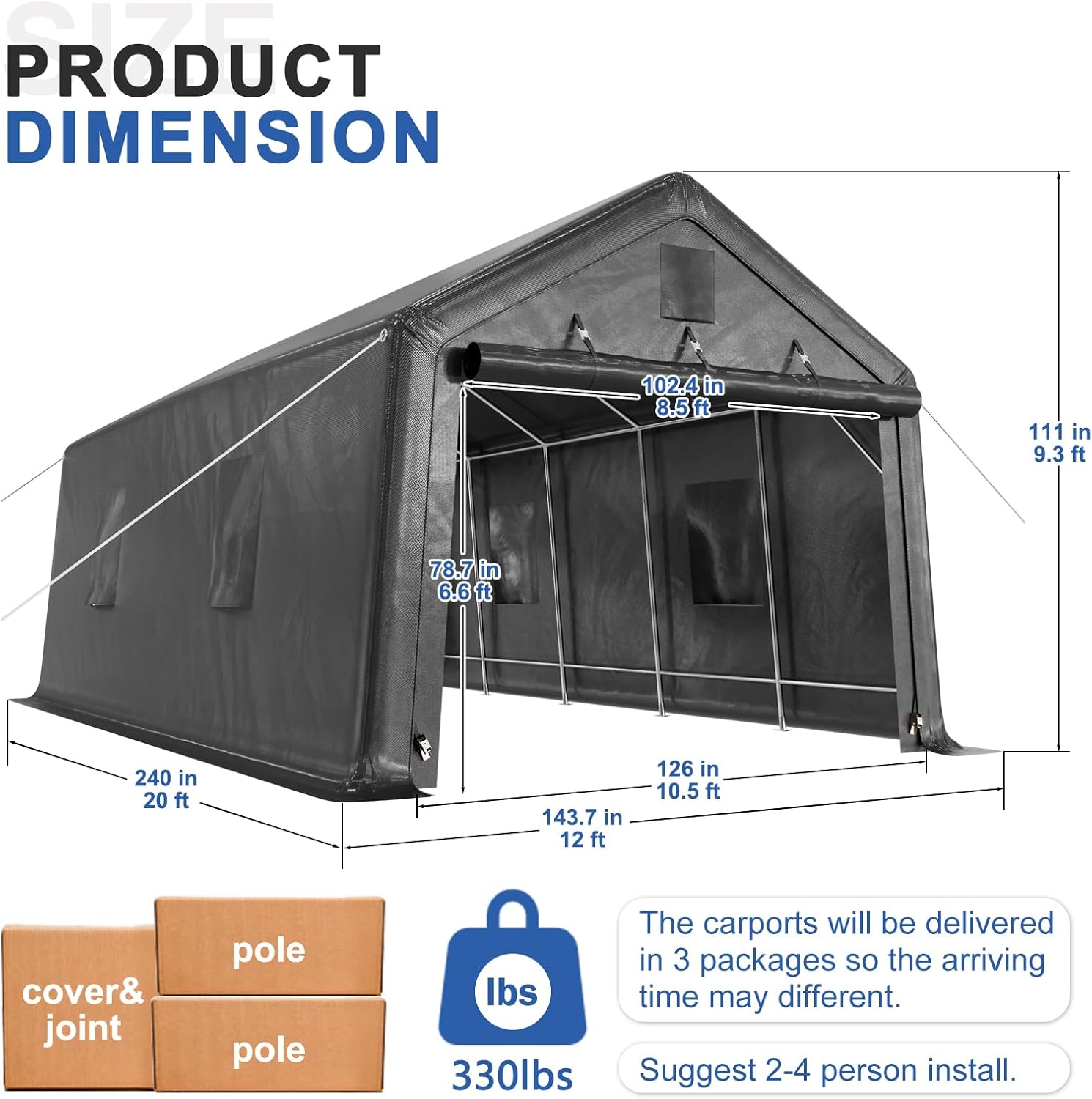 12x20ft Heavy Duty Carport, Car Port With All-Steel Metal Frame,Portable Garage For Automobile,Truck,Boat,Outdoor Storage Shelter,6*Ventilated Windows,4*Windproof Ropes,Anti-Snow Car Canopy
