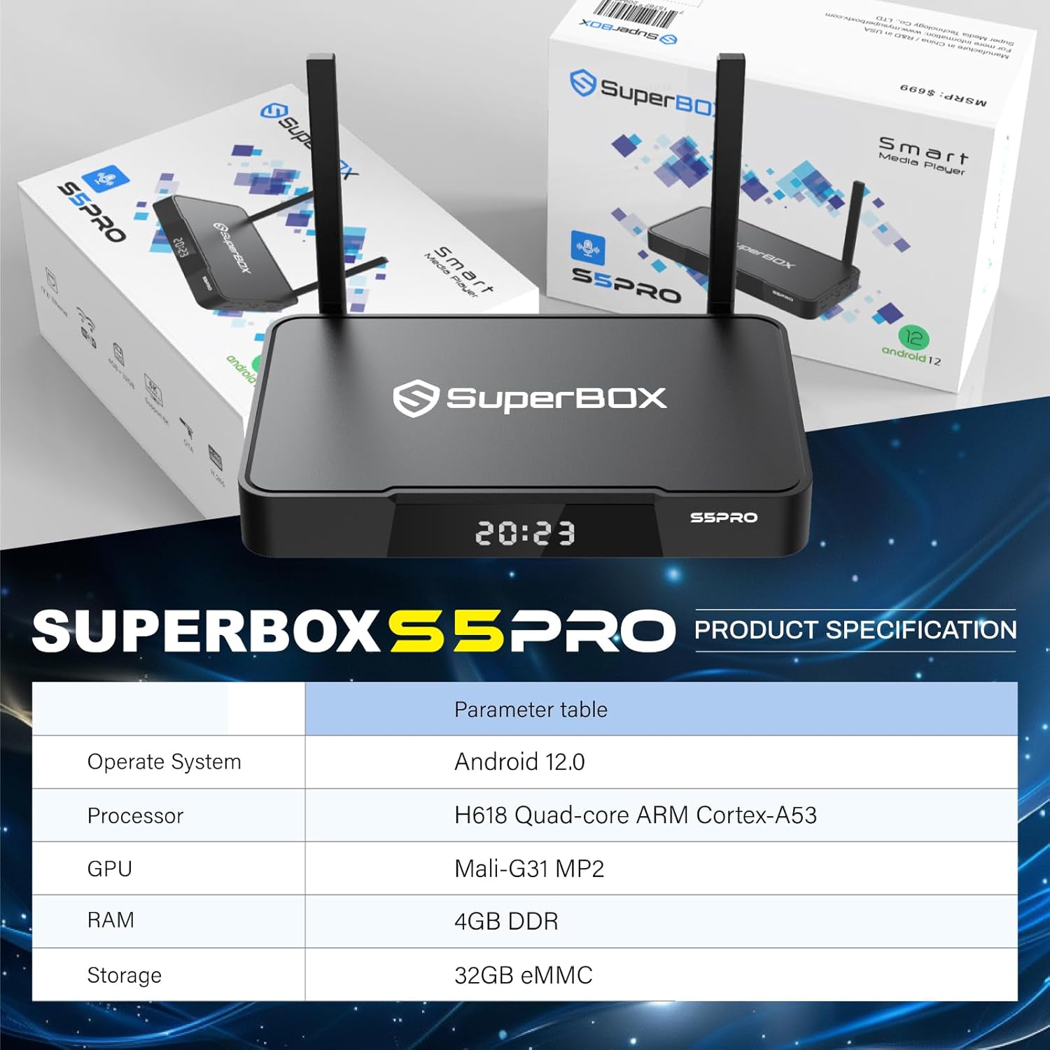 Super Stream S-5-P R O TV Box,with Channels Free,4GB RAM+32GB ROM,with Voice Remote,6K HDMI,2T2R,1*Portable Audio,1*Sunset Light,Dual Band Wifi,Newest Version Super Bundle Box,Detailed Setup Guide