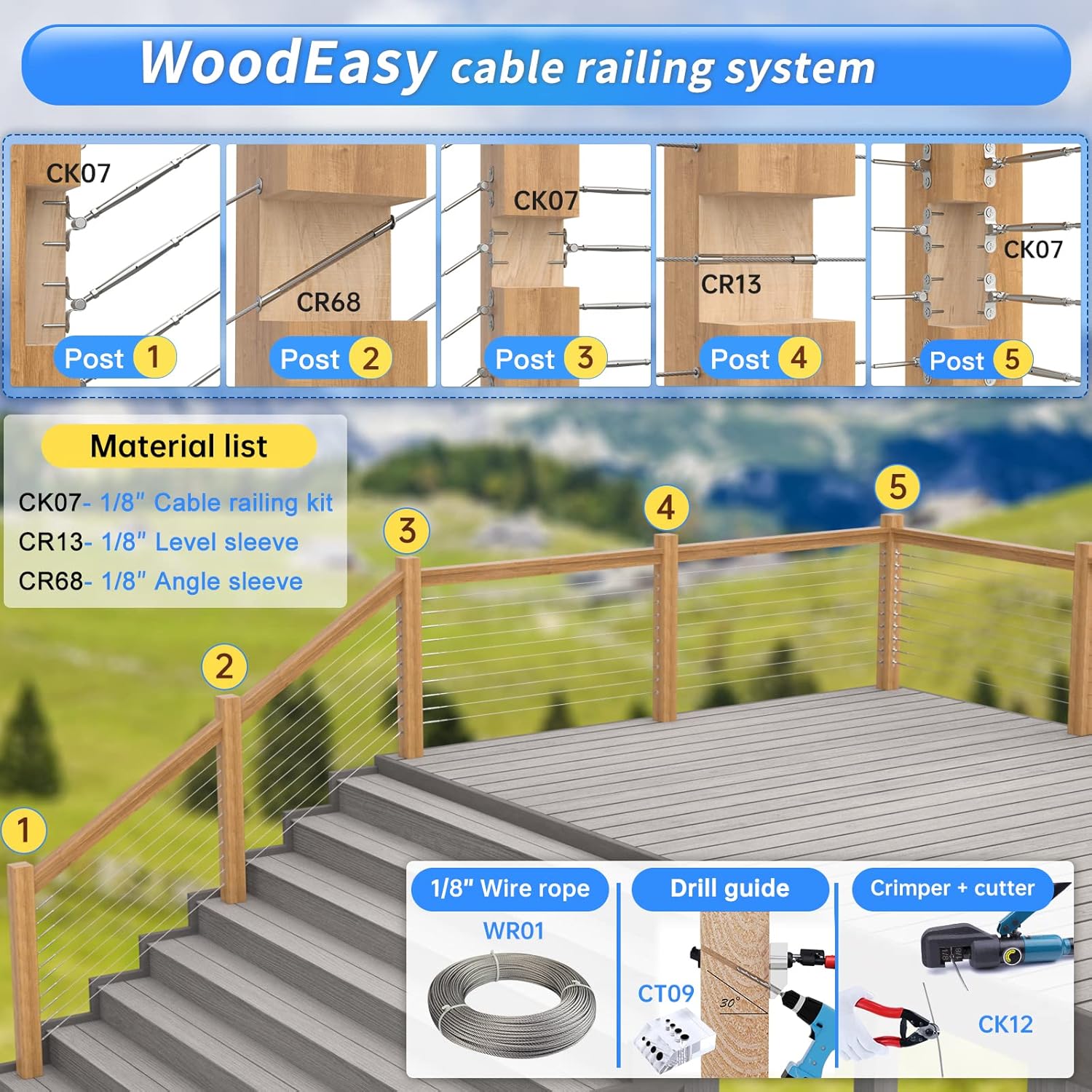 Muzata 32Set Cable Railing Kit 1/8 Swage Toggle Turnbuckle Hardware T316 Stainless Steel for Wood Post WoodEasy System Angle 180��Adjustable Stairs Deck 32 Cable Lines CK07 NN1,CA4 CA5