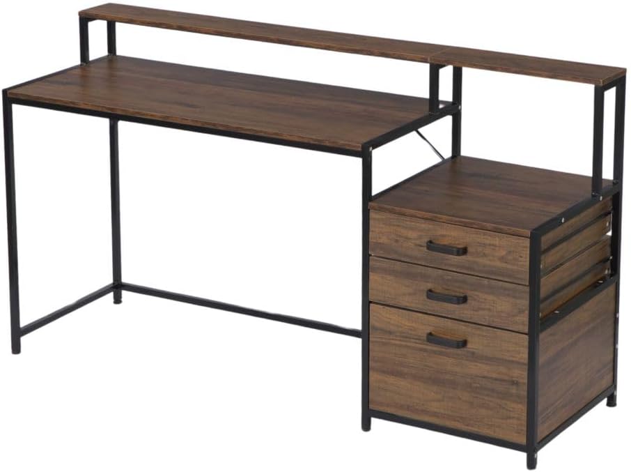 Computer Desk Ergonomic Office Desk with Drawers & Monitor Stand Modern Simple Style PC Workstation, 63 Inch