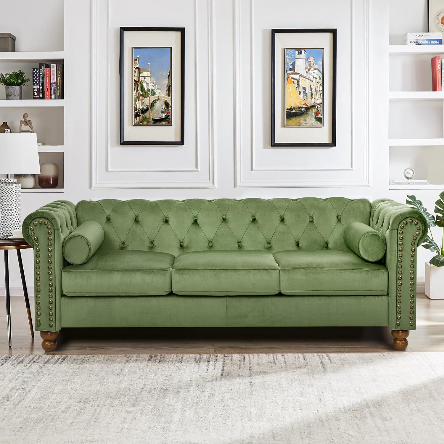 Antetek 3 Seater Couch, 80" Classic Upholstered Chesterfield Sofa, Button Tufted Velvet Couch with Deep Seat for Living Room, Farmhouse, Green