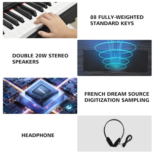 Digital Piano 88 Key Weighted Keyboard with Hammer Action, Full Size Weighted Keyboard piano 88 Key with 2x30W Speakers, Adjustable Stand, Carrying Case, Sustain Pedal, Headphone, ABS, Black