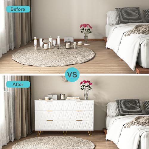Vibe & Dine White 6 Drawer Dresser for Bedroom, Modern Double Dresser with Gold Handles and Legs, Wood Chest of Drawers with Wide Storage for Closet, Living Room, Hallway