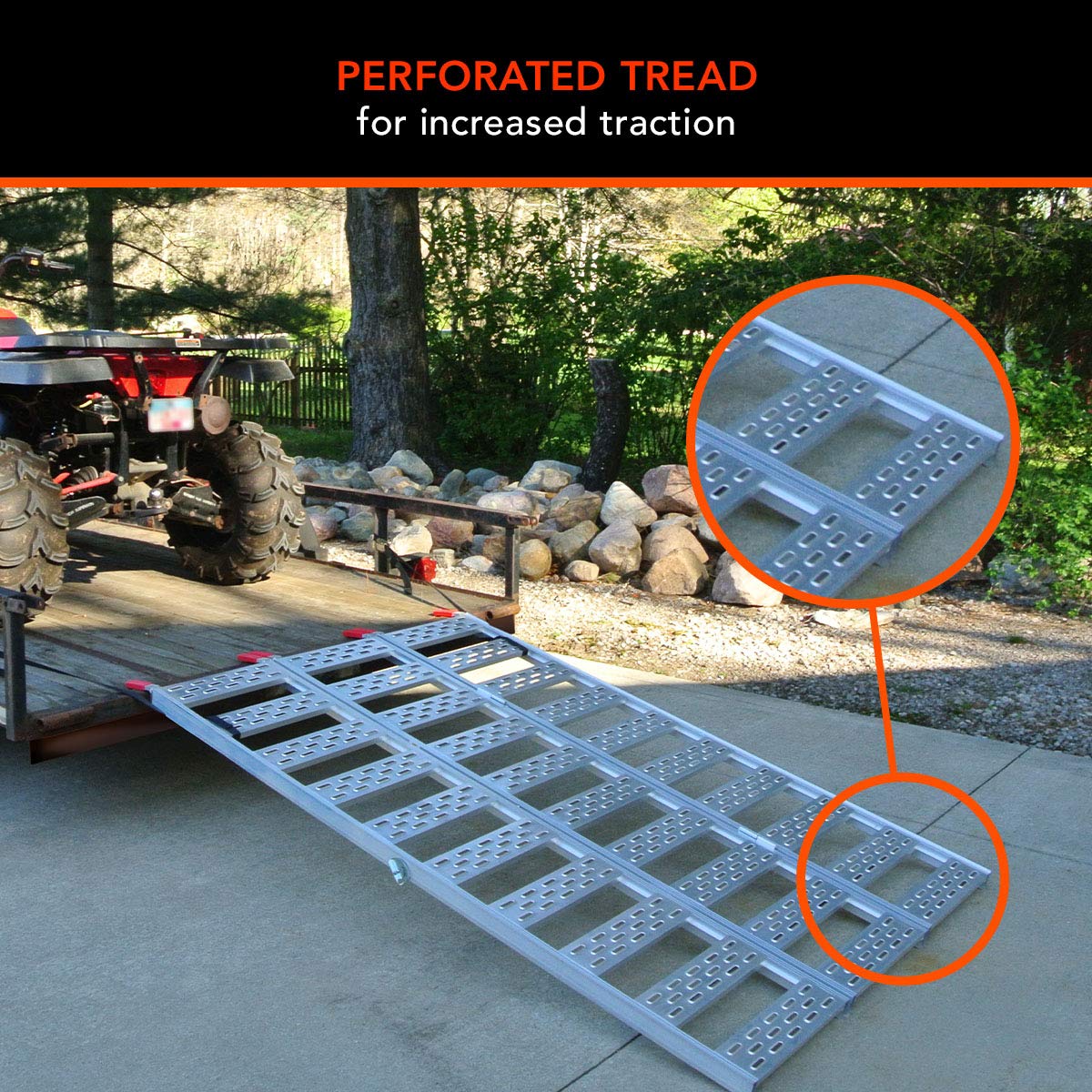 CARGOSMART Aluminum Tri-Fold Ramp with Treads (1pk) – Easily and Safely Load and Unload Push Mowers, Garden Tillers, ATVs and More, 1,500 lb. Capacity (500 lbs per Section), 50” W x 76” L