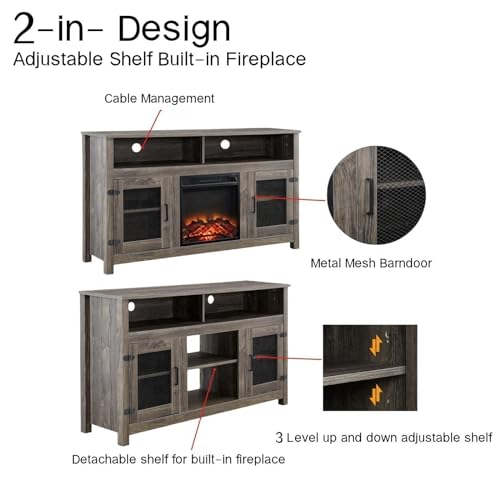 Modern Farmhouse Fireplace TV Stand with Electric Fireplace for Living Room, Media Entertainment Center for TVs up to 65" with Storage Cabinet and Adjustable Shelves, Grey Color