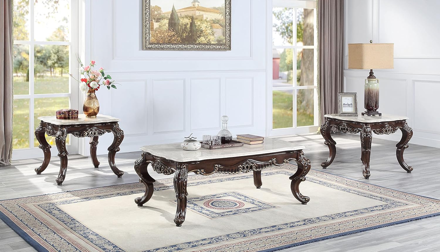 Acme Benbek Wooden Coffee Table in Marble and Antique Oak