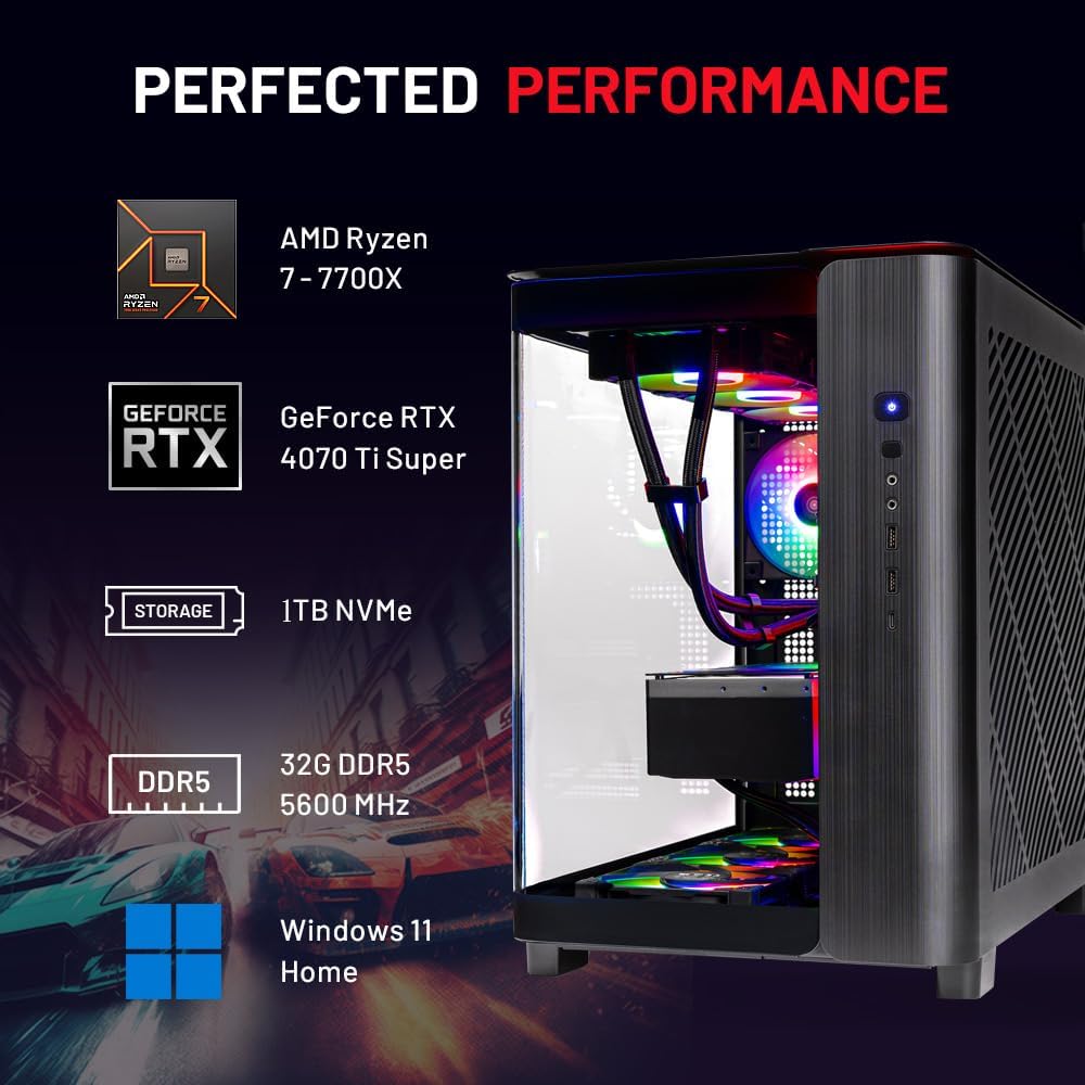 Skytech King 95 Gaming PC Desktop, Ryzen 7 7700X 4.5 GHz (5.4GHz Turbo Boost), NVIDIA RTX 4070 Ti Super 16GB GDDR6X, 1TB Gen4 SSD, 32GB DDR5 RAM 5600 RGB, 750W Gold PSU, ARGB AIO, Wi-Fi, Win 11 Home